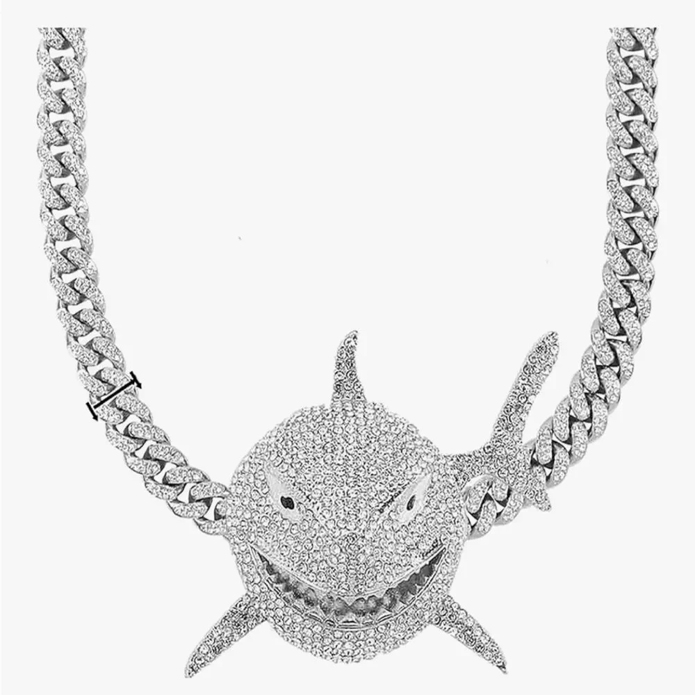 Iced Out Shark Pendant Cuban Link Chain 925 Silver Plated Hip Hop Necklace 20”